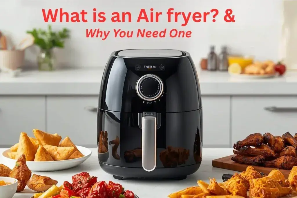 What is an Air Fryer – modern air fryer on a kitchen counter, surrounded by crispy snacks, samosas, fries, and chicken wings.