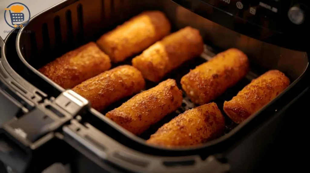 Crispy golden snacks in an air fryer basket showing how preheating improves texture and flavour.