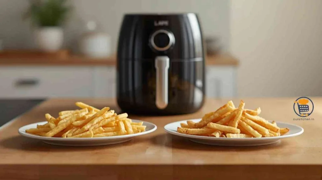 Two plates of French fries in front of an air fryer showing different results with and without preheating.