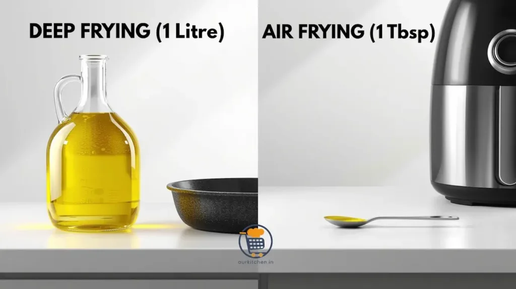 Split-screen comparison showing a large 1-litre oil bottle for deep frying versus a single tablespoon (1 Tbsp) of oil for an air fryer, illustrating the calorie density advantage.