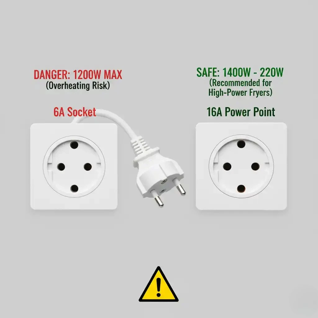 Infographic comparing a 6A socket and 16A power point for air fryers, highlighting overheating risks for units over 1200W.