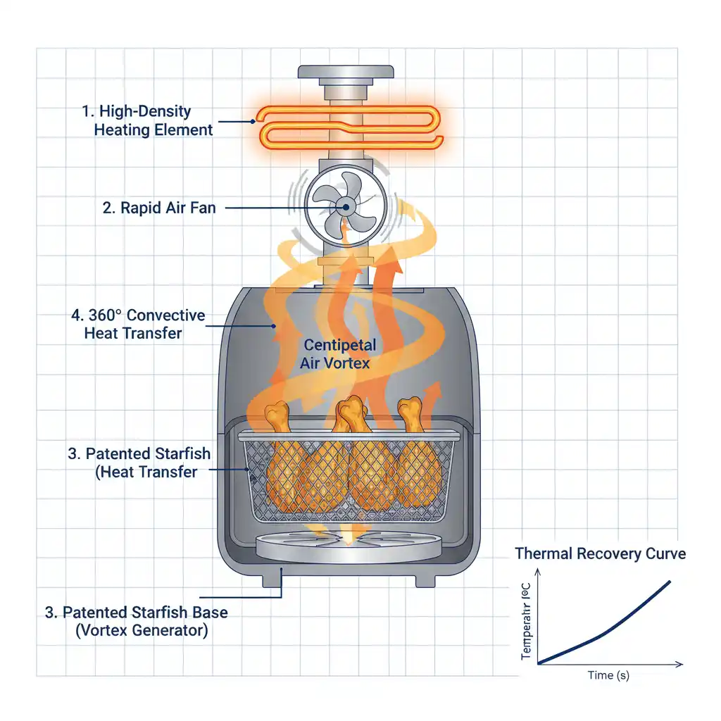 A technical engineering diagram illustrating 360-degree convective heat transfer and the centripetal air vortex found in the best air fryer for a small family.