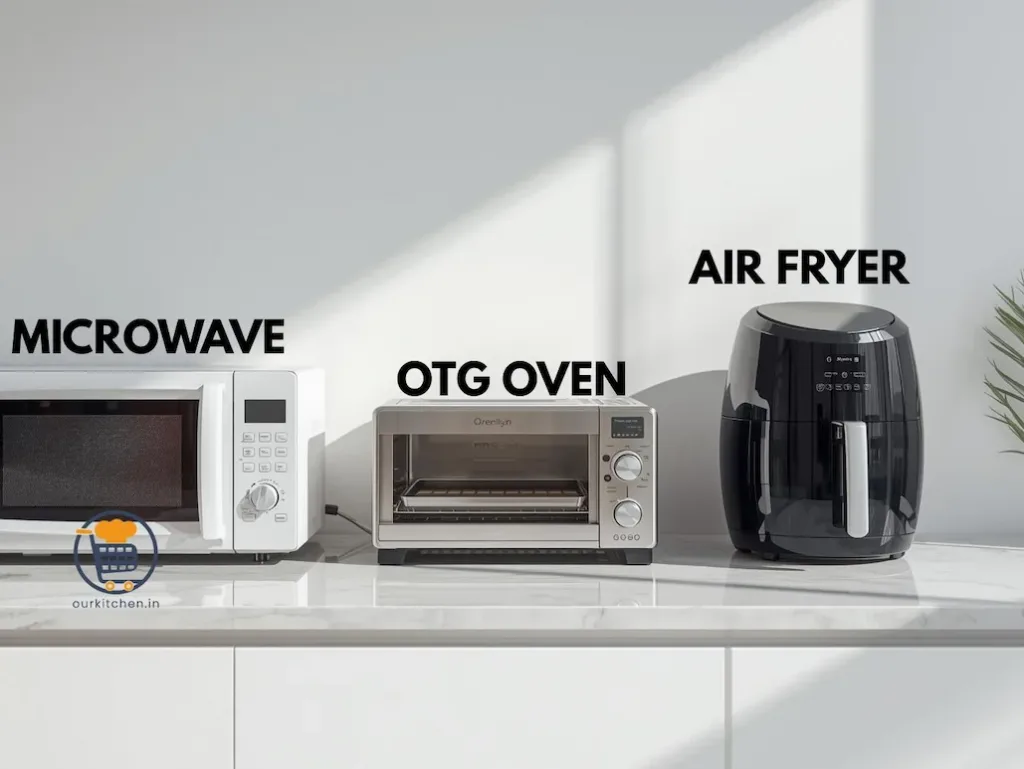Microwave, OTG oven, and air fryer placed side by side on a kitchen counter.