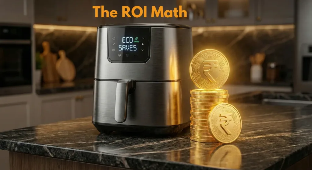 Premium air fryer next to glowing Indian Rupee coins, highlighting the ₹365 net monthly savings over deep frying.