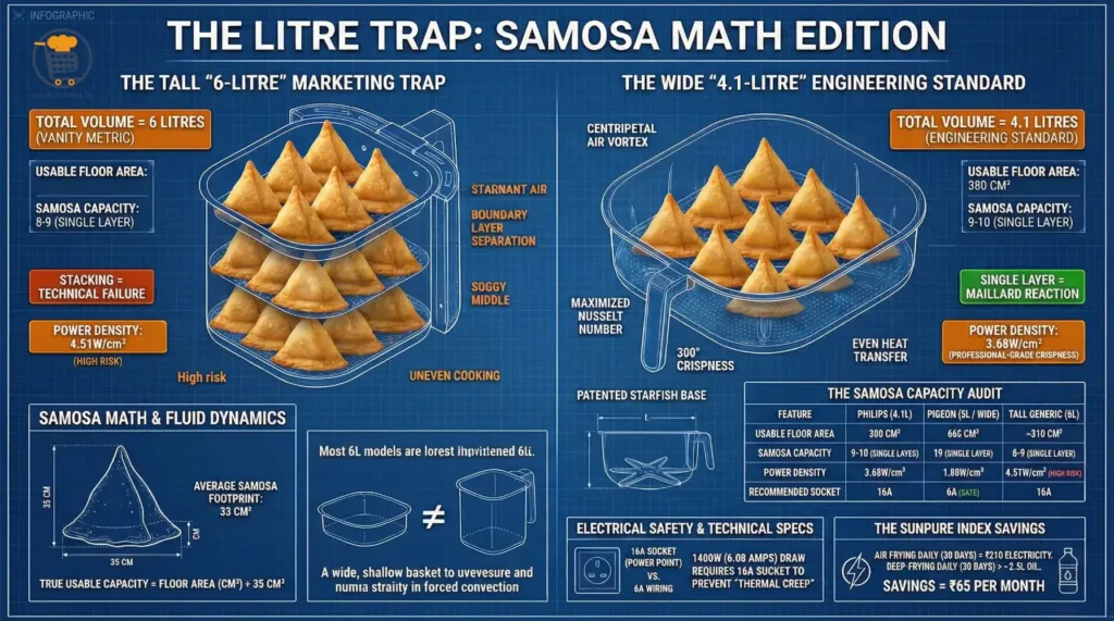 An engineering infographic titled 'The Litre Trap: Samosa Math Edition' comparing a 4.1L wide basket vs a 6L tall basket to find the best air fryer for a small family.
