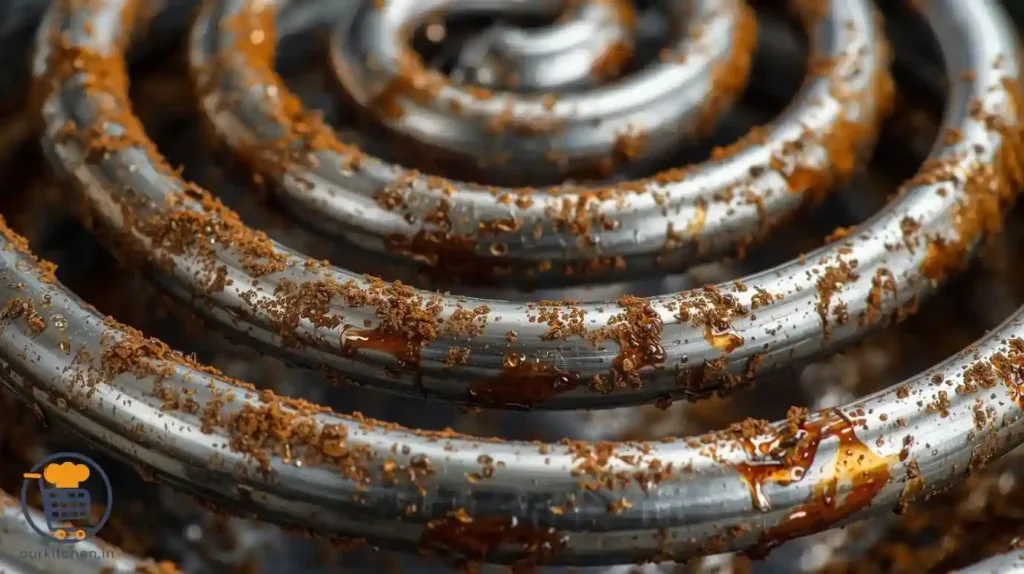 Macro close-up of oxidized sausages with heavy charring and polymerized grease coating