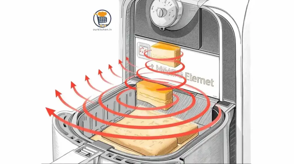 Detailed diagram showing air fryer internal mechanism with red arrows depicting heated air circulation around food, closed-loop cooking system design