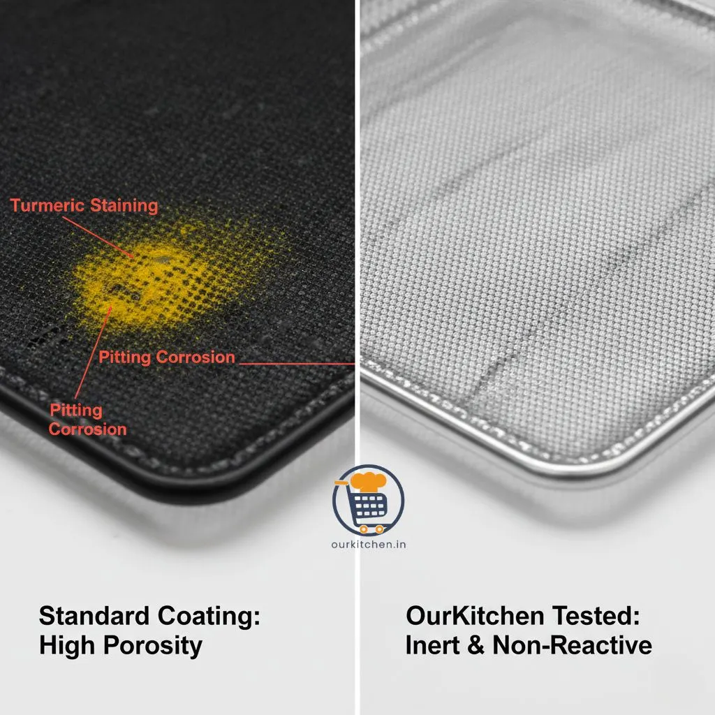 A comparison of a standard high-porosity air fryer coating showing turmeric staining and pitting corrosion versus an inert, non-reactive stainless steel basket.