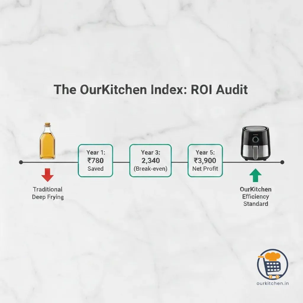 A 5-year ROI audit timeline for the best air fryer for a small family in India, showing total savings of ₹3,900 compared to traditional oil deep-frying.