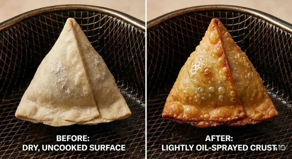 Split-screen of a dry pale samosa versus a golden-brown oiled samosa, demonstrating the Maillard reaction in an air fryer.