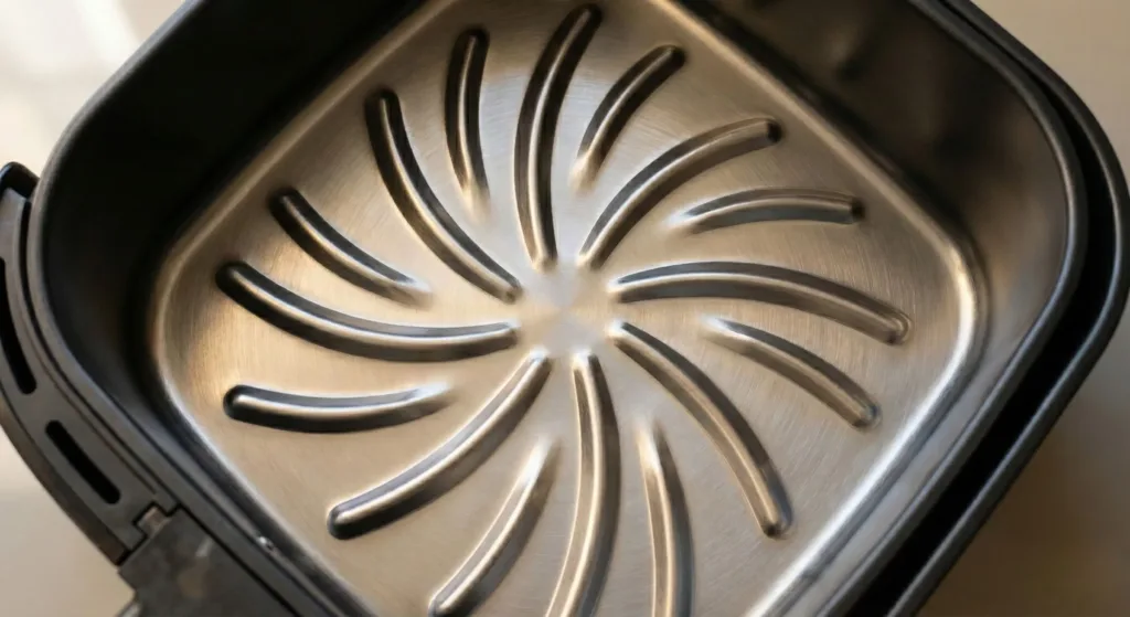 Square stainless steel air fryer basket interior showing swirl-pattern grill for even airflow