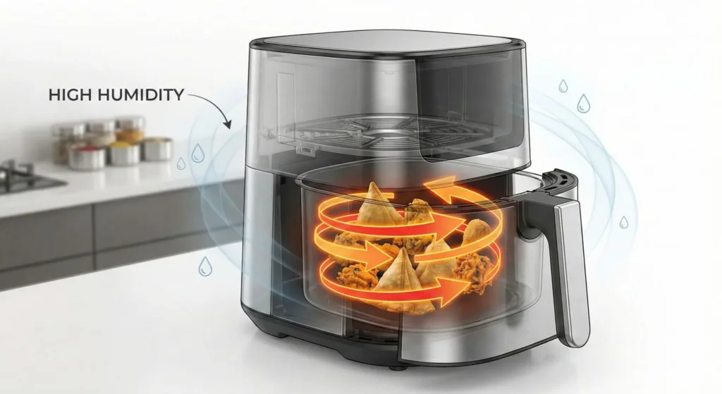 Diagram illustrating airflow circulation patterns in square vs round air fryer baskets.