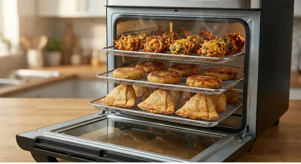 Multi-rack air fryer oven cooking Indian snacks including samosas, pakoras, and aloo tikkis simultaneously