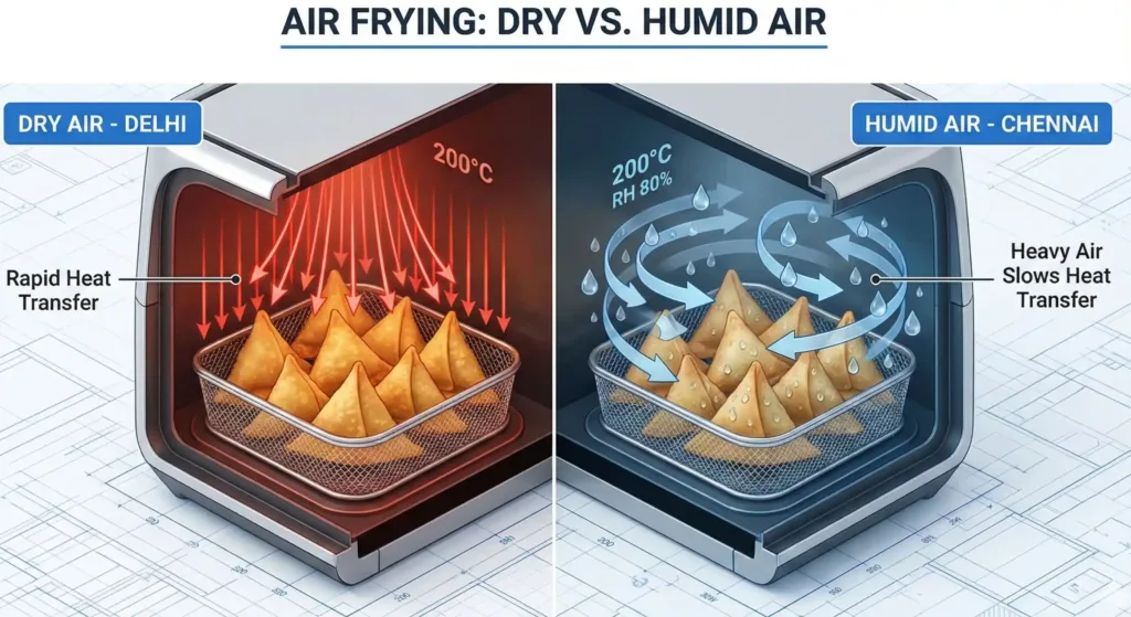 Infographic comparing air fryer performance in dry air (Delhi) vs humid air (Chennai) at 200°C