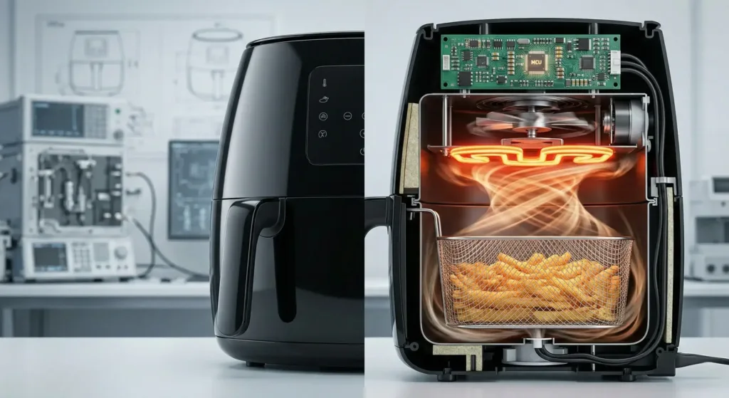 A technician cleaning an air fryer NTC thermistor sensor probe with a cotton swab and 99% isopropyl alcohol to fix E1 error codes.