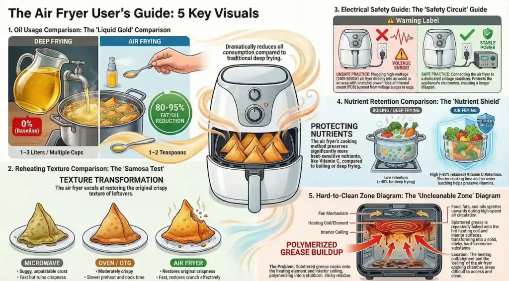 Infographic titled "The Air Fryer User's Guide" featuring 5 key visuals: the Samosa Test, Voltage Safety, Uncleanable Zone, Teflon Fatigue, and Nutrient Retention.