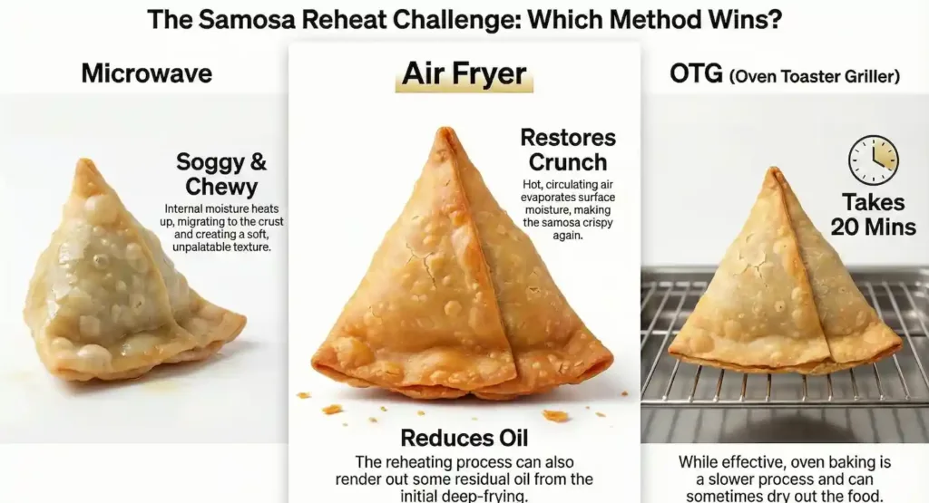 Side-by-side samosa reheat results in microwave, air fryer, and OTG showing soggy, crispy, and slow outcomes
