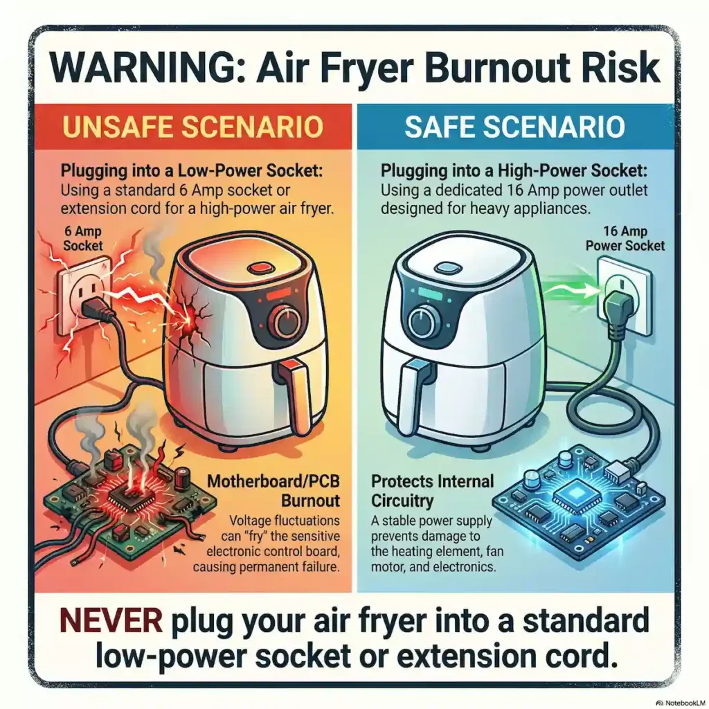 Safety infographic showing an air fryer plug melting in a standard 6 Amp socket (Unsafe) versus a safe connection in a 16 Amp power socket.