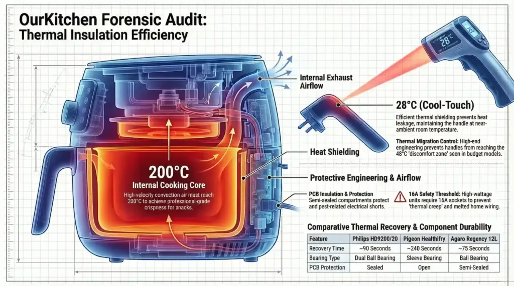 A forensic engineering audit of air fryer thermal insulation efficiency showing internal heat shielding, air vortex core, and 28 degree Celsius cool-touch handle for a small family kitchen.
