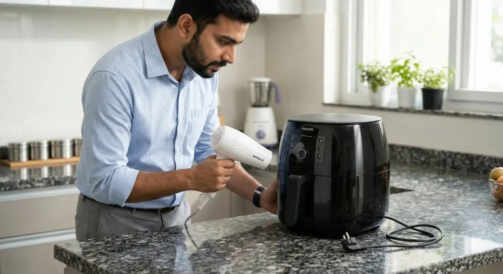 A man using a hair dryer to heat the seam of an unplugged Philips air fryer to fix an air fryer basket is stuck issue