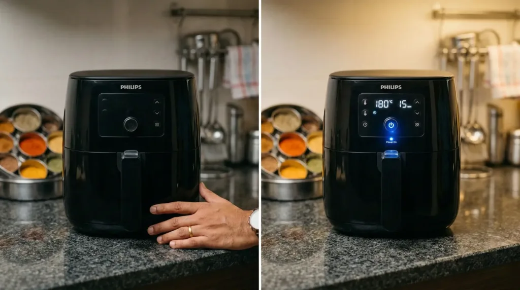 A split-screen comparison showing a non-responsive air fryer on a kitchen counter versus a unit successfully powered on with an active display.