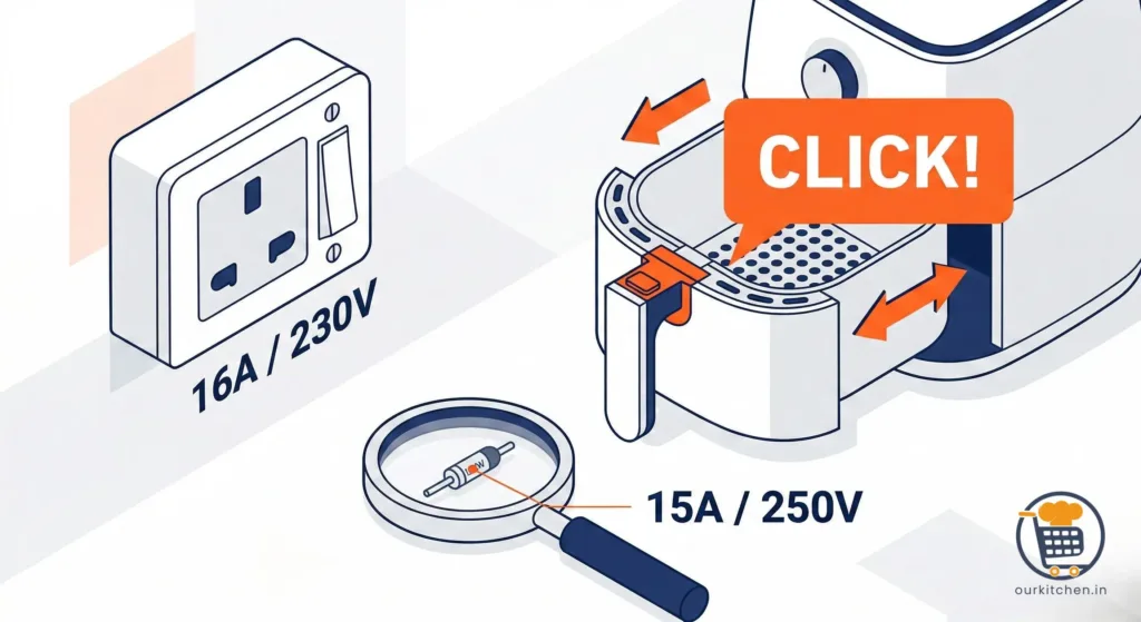 Technical infographic showing a 16A Indian power socket, a 15A thermal fuse, and a mechanical "click" for air fryer basket insertion.