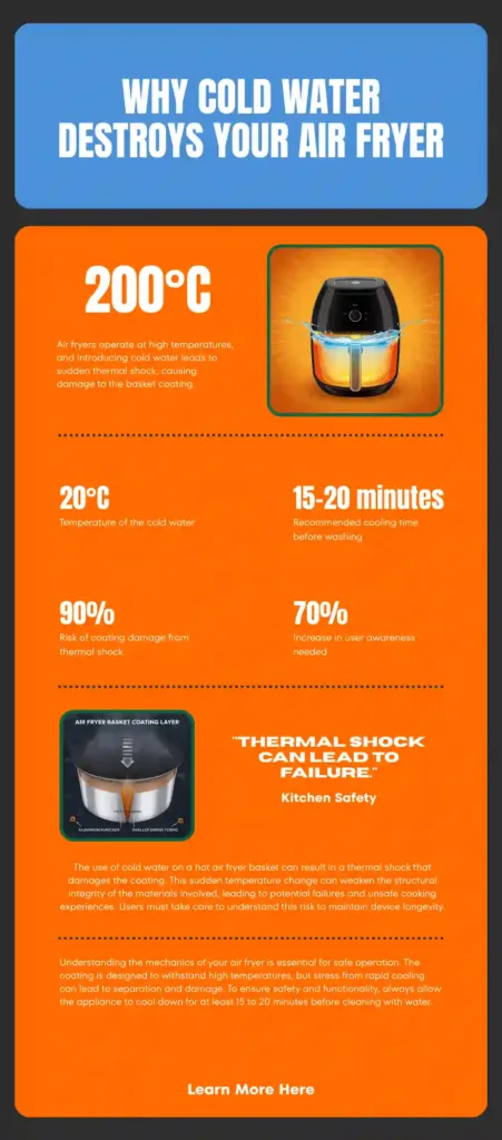 Infographic explaining how thermal shock causes air fryer non stick coating peeling due to different expansion rates of PTFE and aluminum.