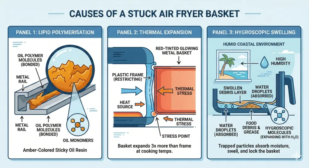 Infographic showing why an air fryer basket is stuck, illustrating lipid polymerisation, thermal expansion, and hygroscopic swelling in Indian kitchens.