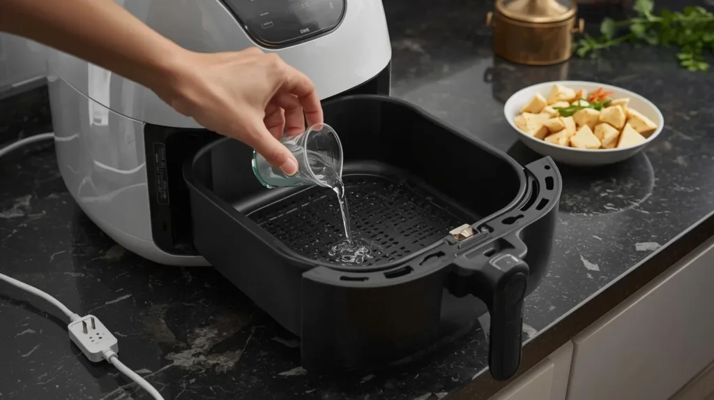 An instructional shot of a person pouring two tablespoons of water into the empty base pan of an unplugged air fryer to prevent smoke.
