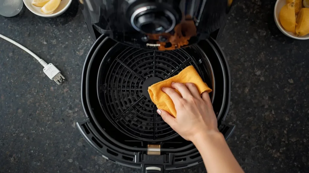 A close-up of a hand using a yellow microfiber cloth to wipe the circular metallic heating element of an inverted, unplugged air fryer on a kitchen counter.