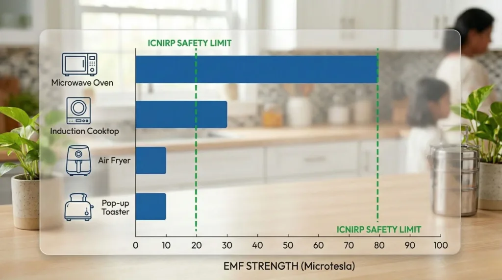 Infographic comparing the EMF strength in microtesla of common kitchen appliances, proving Are Air Fryers Safe with radiation levels identical to a toaster and well within ICNIRP safety limits.