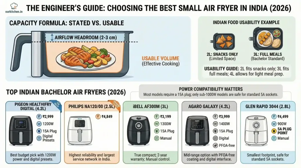 Comparison guide for best small air fryer India 2026 for bachelors, featuring capacity formula, 5A plug compatibility, and top models from Philips, Pigeon, and Glen.