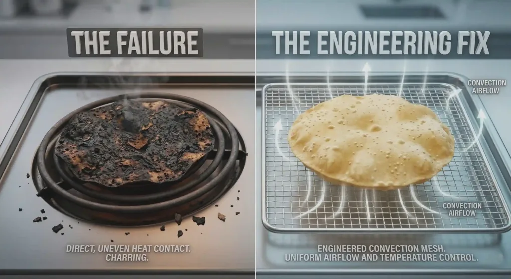 Comparison of burnt papad on coil vs perfect air fried papad using convection mesh