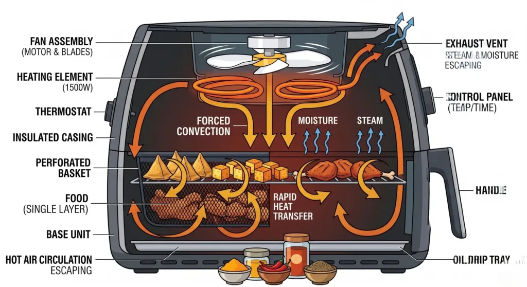 Cross-section diagram of an air fryer showing heating element and fan airflow.