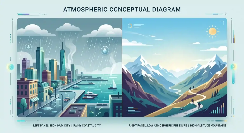 Atmospheric conceptual diagram of humidity and altitude effects on cooking.