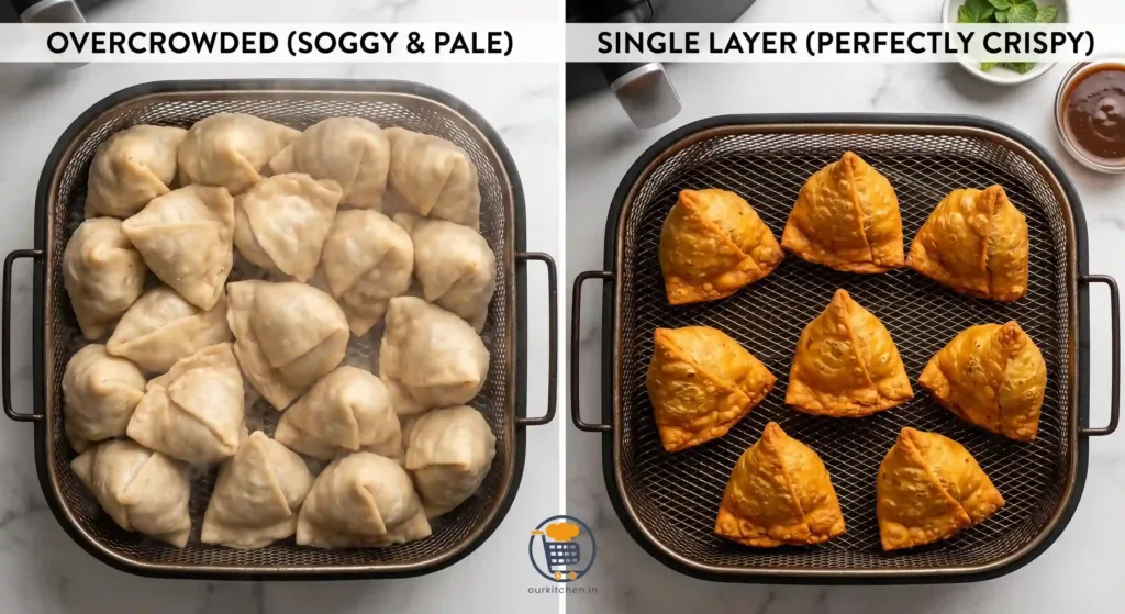 Comparison of overcrowded vs single layer samosas in an air fryer.