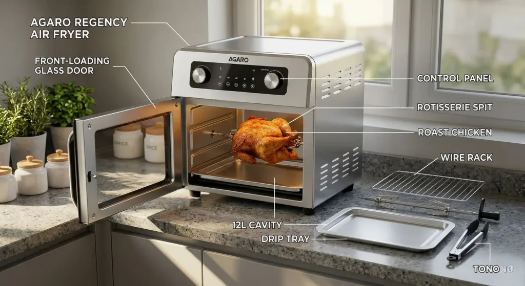 AGARO Regency air fryer review: Annotated diagram showing the 12L oven cavity, rotisserie spit, drip tray, and front-loading door.