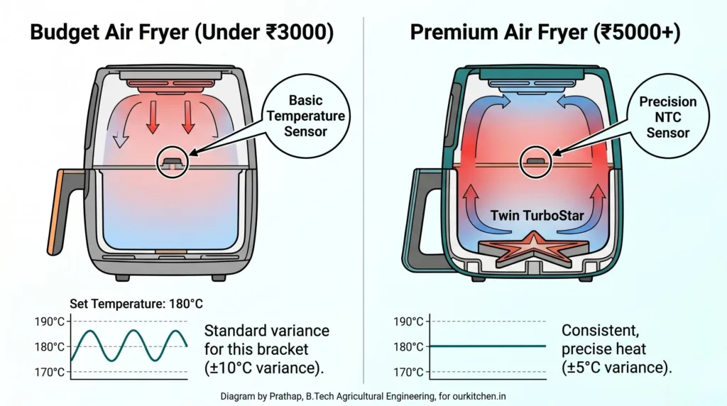 Engineering diagram showing temperature variance in budget vs premium air fryers for the Best Air Fryer Under ₹3000 in India guide.