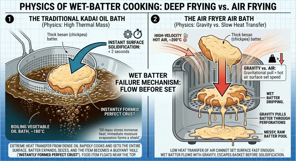 Physics diagram comparing deep frying vs air frying for wet besan batter, illustrating why the Best Air Fryer Under 5000 in India cannot replicate traditional kadai pakoras.