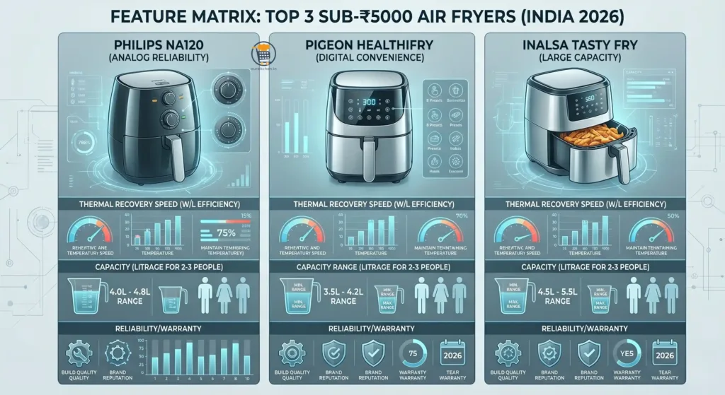 A technical feature matrix comparing the Best Air Fryer Under 5000 in India, highlighting the Philips NA120, Pigeon Healthifry, and Inalsa Tasty Fry based on thermal recovery speed and capacity.