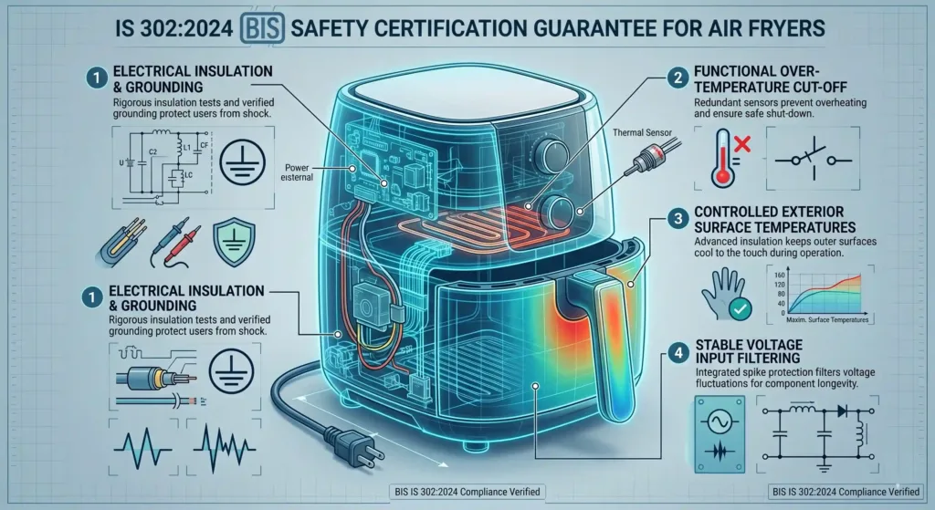 Technical schematic of an air fryer showing IS 302:2024 BIS safety standards, including over-temperature cut-off and electrical insulation, essential for the Best Air Fryer Under 5000 in India.