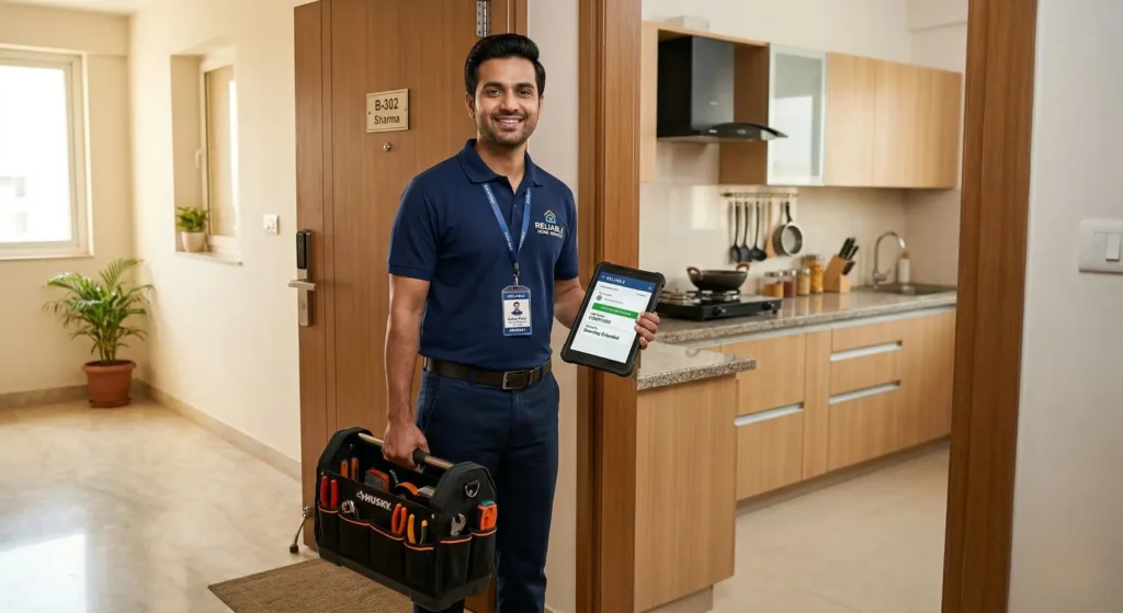 A professional Indian service technician with a toolkit and tablet showing a confirmed service request for a havells air fryer review India.