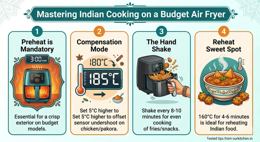 Infographic showing 4 tips for Indian cooking using the Best Air Fryer Under ₹3000 in India, including preheating and compensation mode.