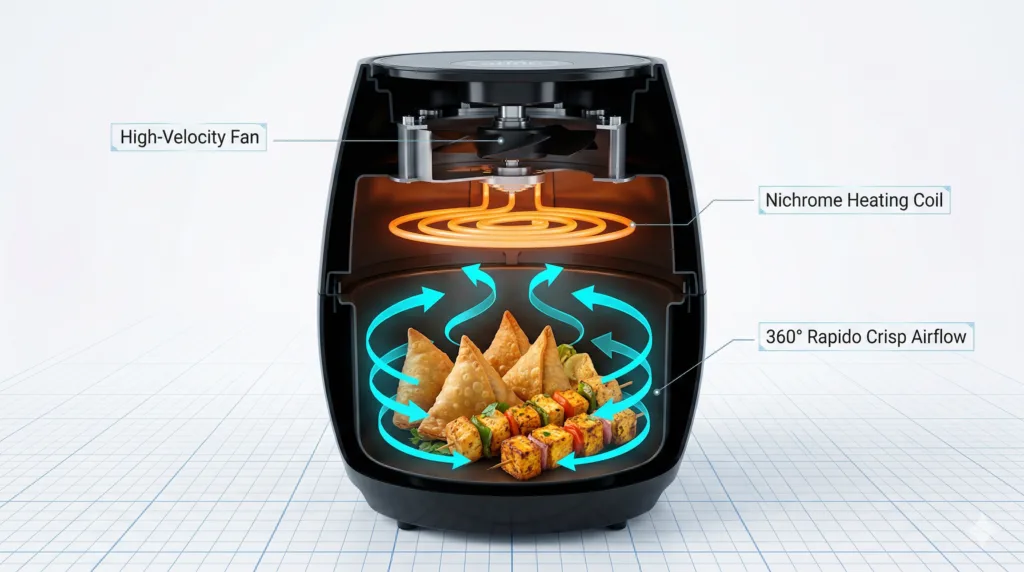Technical cross-section diagram of Kenstar air fryer showing High-Velocity Fan, glowing Nichrome Heating Coil, and 360-degree Rapido Crisp convection airflow vectors for even Samosa cooking.